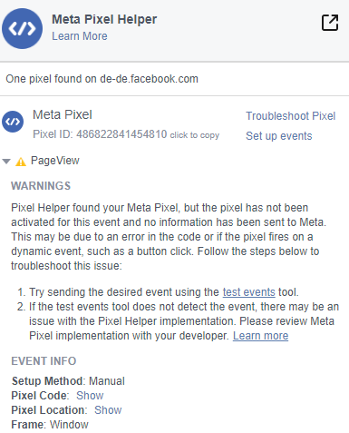 Meta Pixel Helper zeigt Warnung über ein nicht aktiviertes Pixel auf einer Facebook-Seite an.