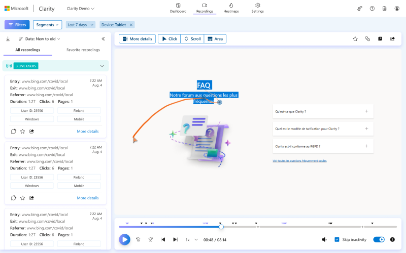 Microsoft Clarity Demoseite zeigt FAQ, Aufzeichnungen, Benutzerinteraktionen und Heatmaps für Websiteanalyse in französischer Sprache.